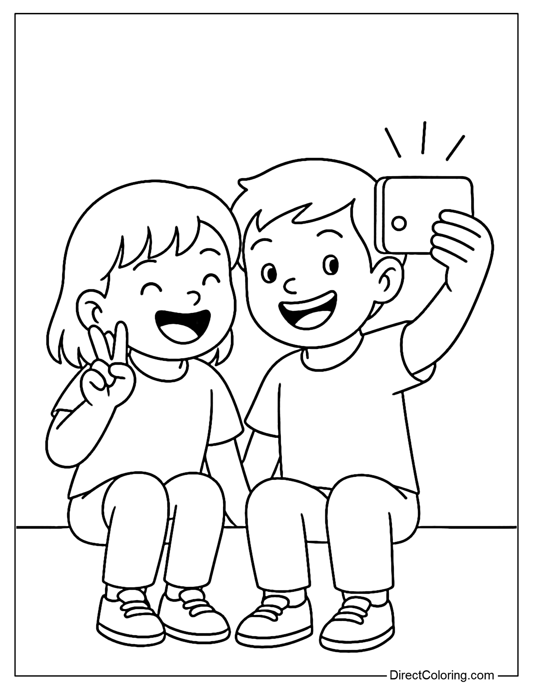 Coloring page of two friends holding up their phones to take a selfie with happy expressions and a simple background.
