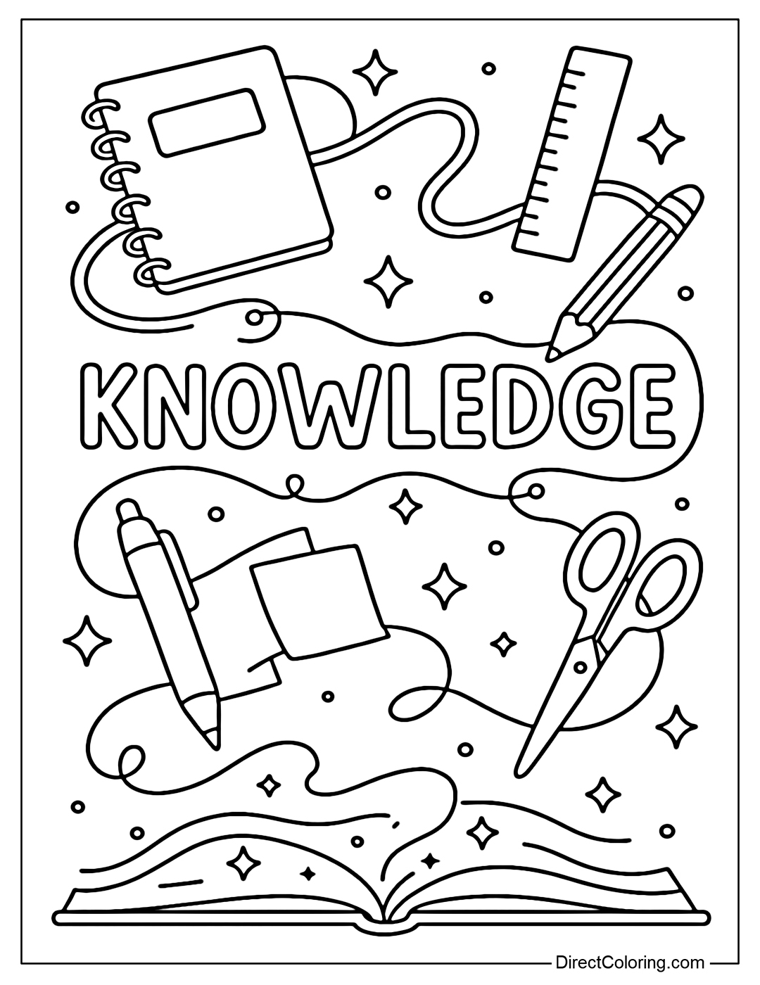 A coloring page with school supplies floating in the air, connected by a string of light, forming the word Knowledge.