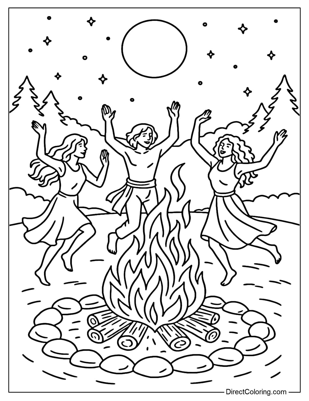 Pagan campfire coloring page, people dancing around the fire on a moonlit night.