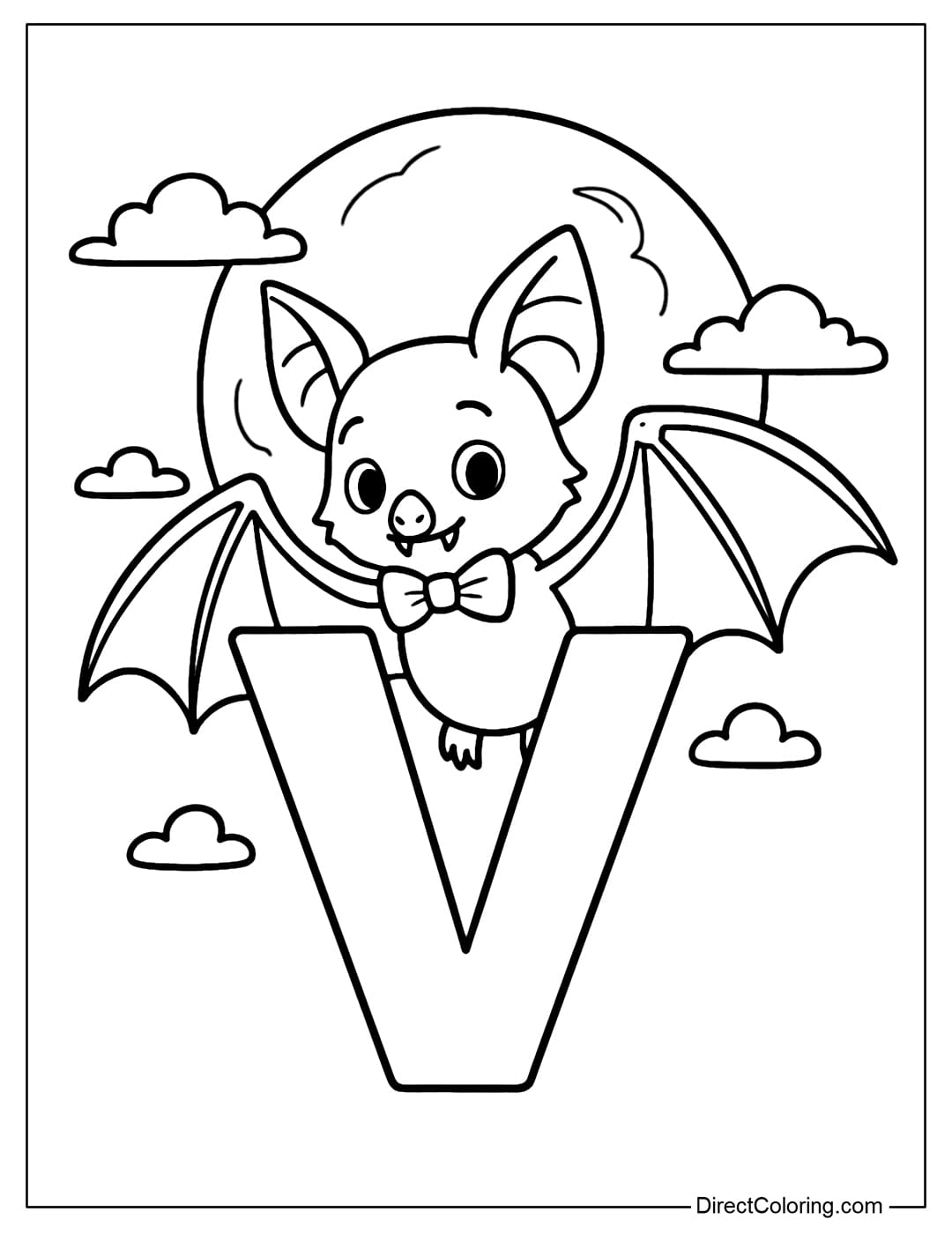 A letter V coloring page with a small vampire bat wearing a bow, spreading its wings and embracing the letter. There is a moon on the background.