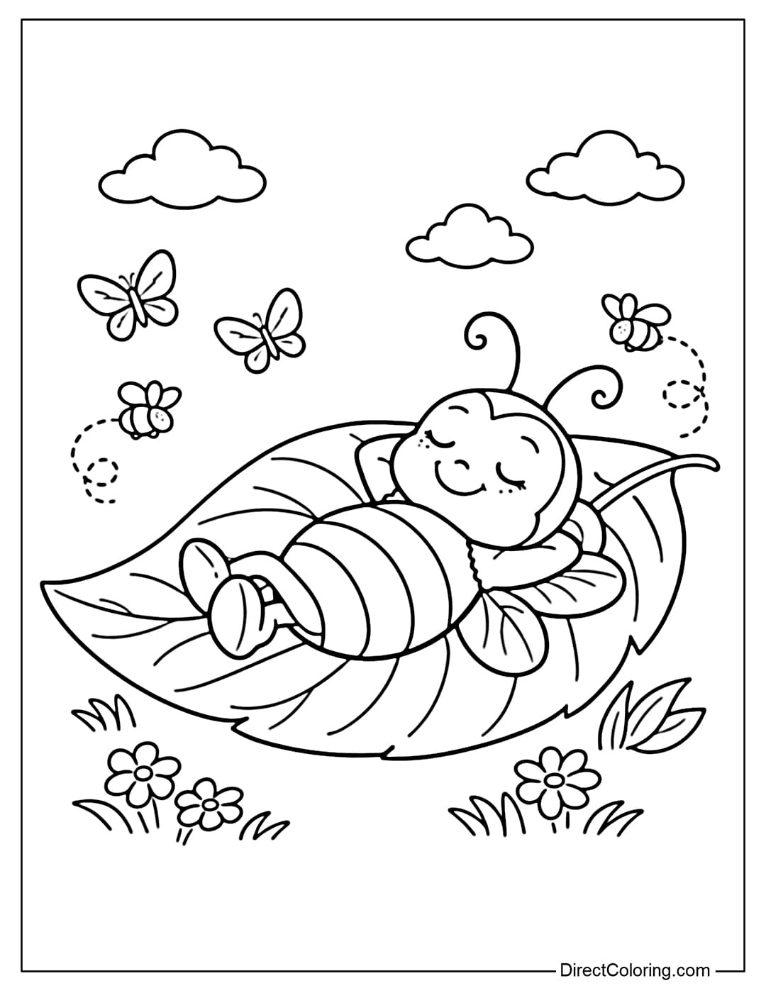 A coloring page featuring a bee relaxing peacefully on a large leaf.