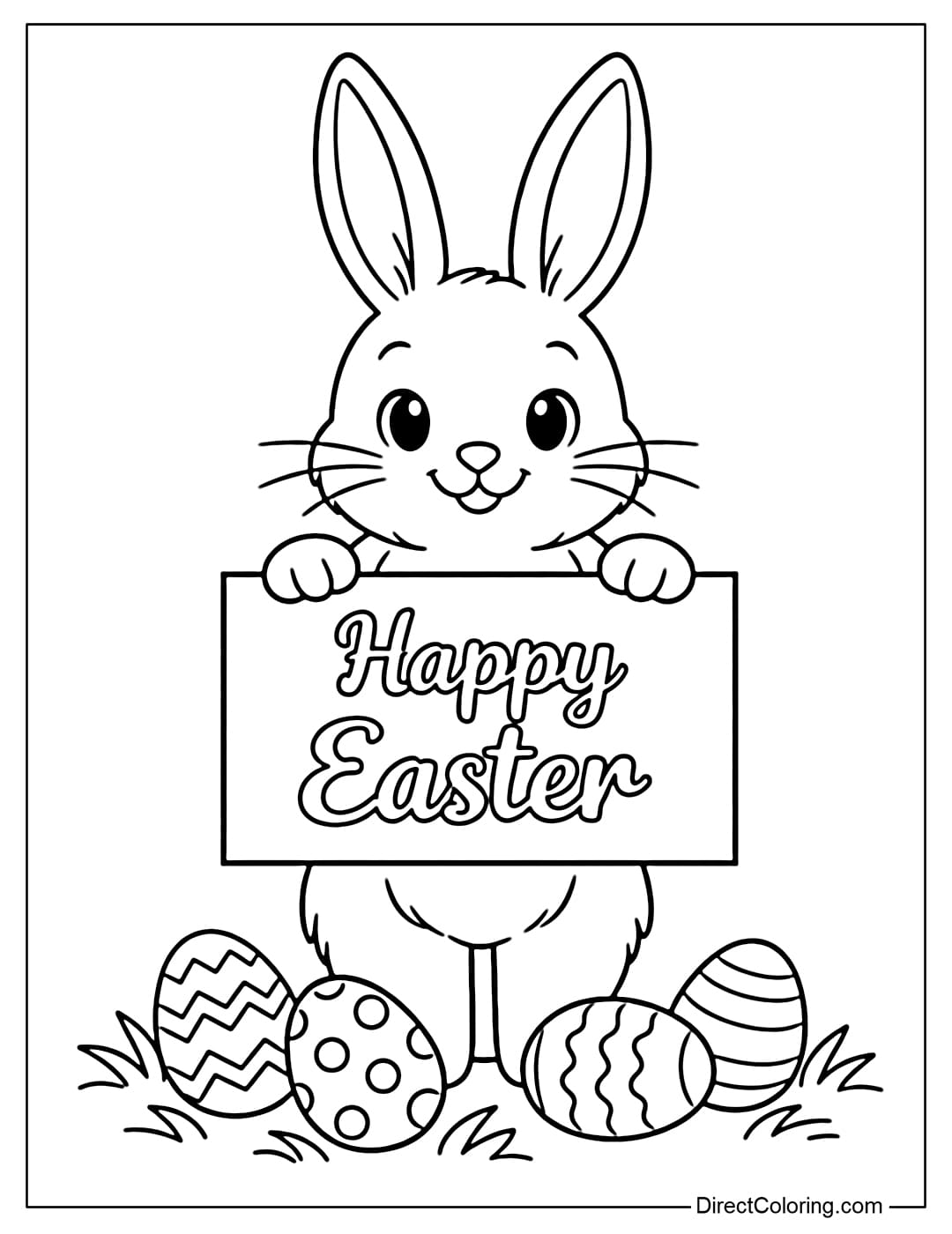 This coloring page shows an Easter bunny holding a 