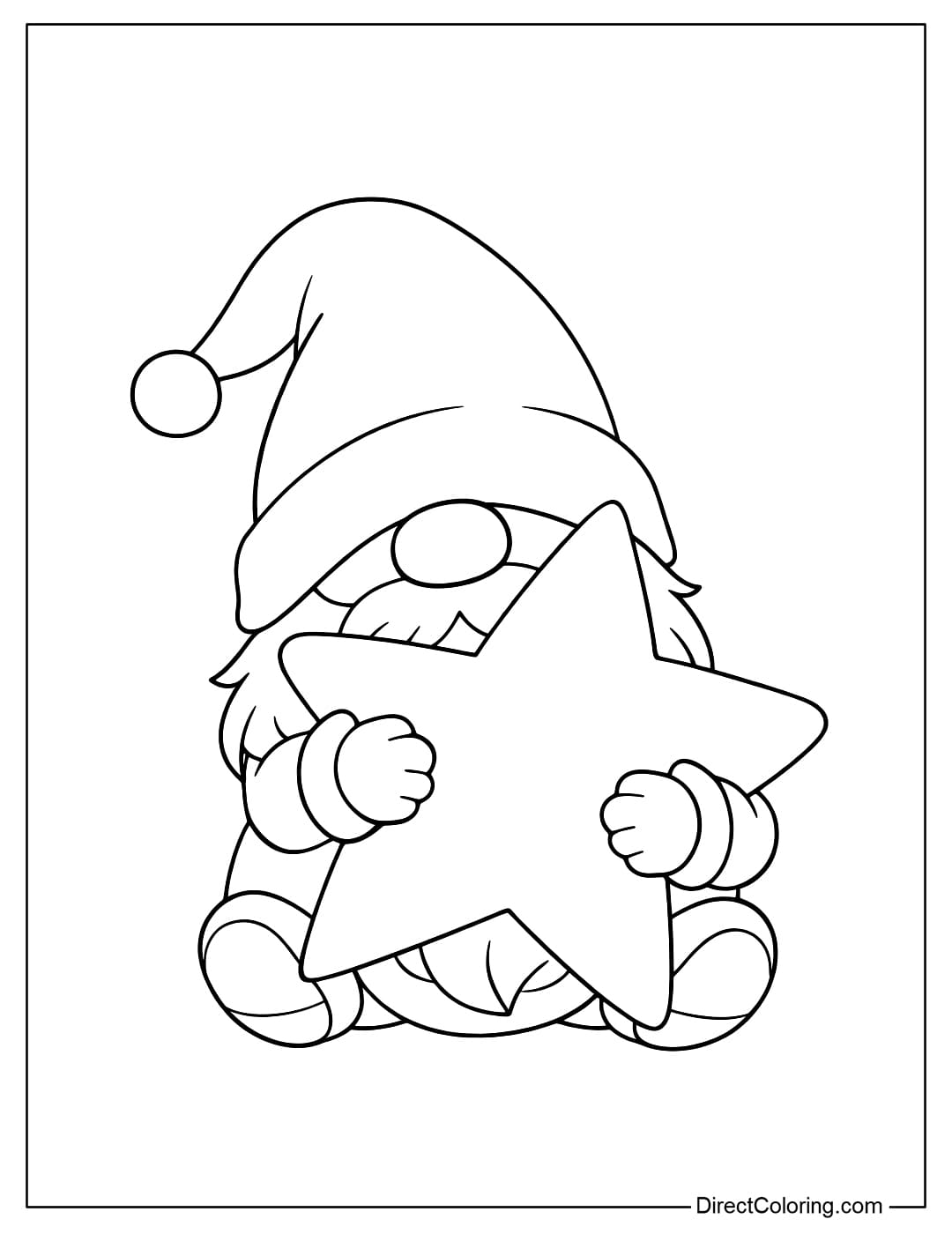 Coloring page of a gnome hugging a big star.