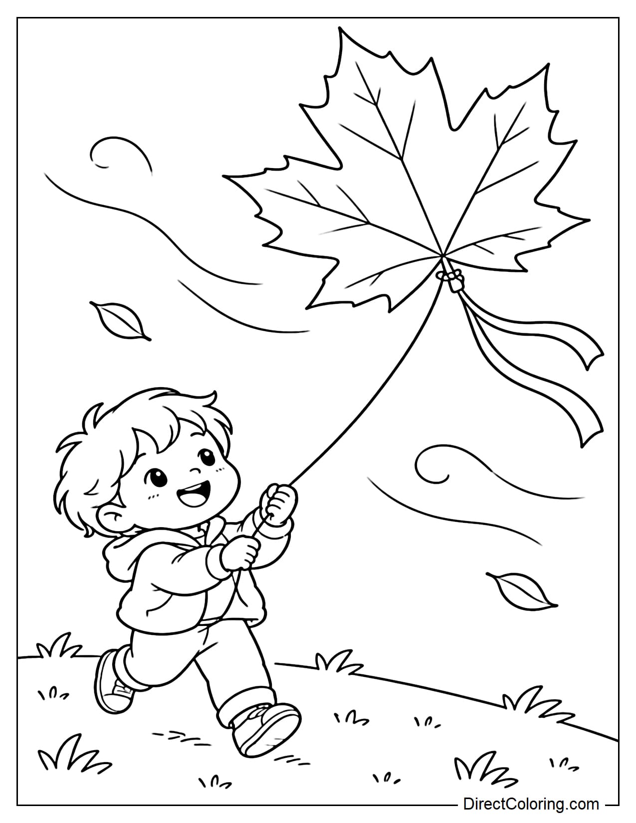 A large maple leaf tied with a string like a kite and flying in the wind, while a small child below happily holds the kite string.