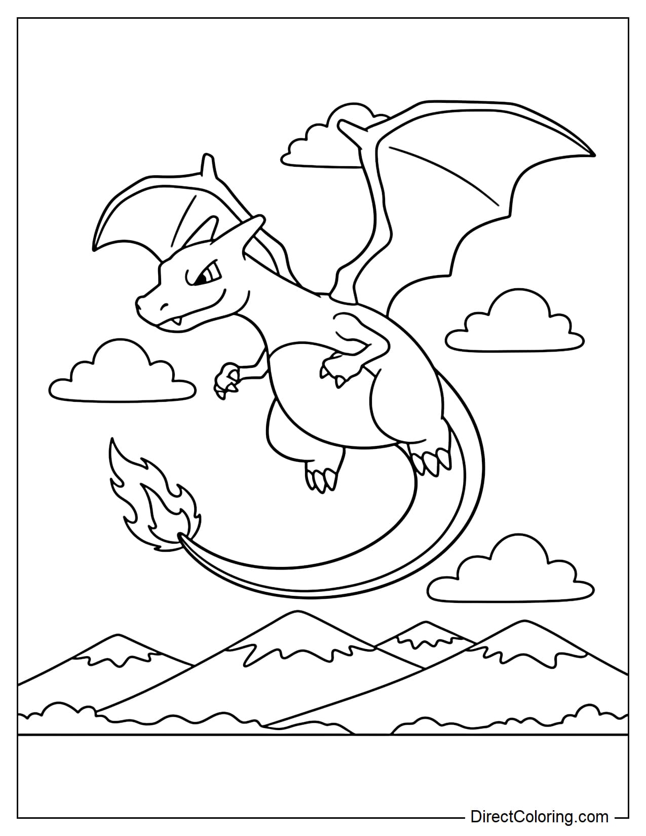 Charizard spreads its wings and flies over low mountains, its fiery tail gently curved behind it, surrounded by large clouds.
