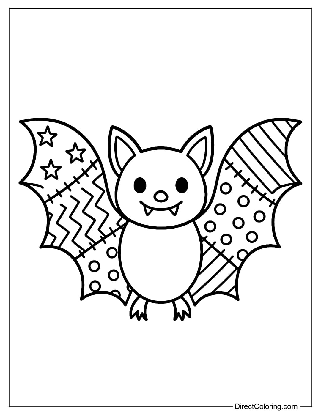 A coloring page of a bat with its wings spread out, its two wings are divided into many patchwork pieces with fun fabric patterns.
