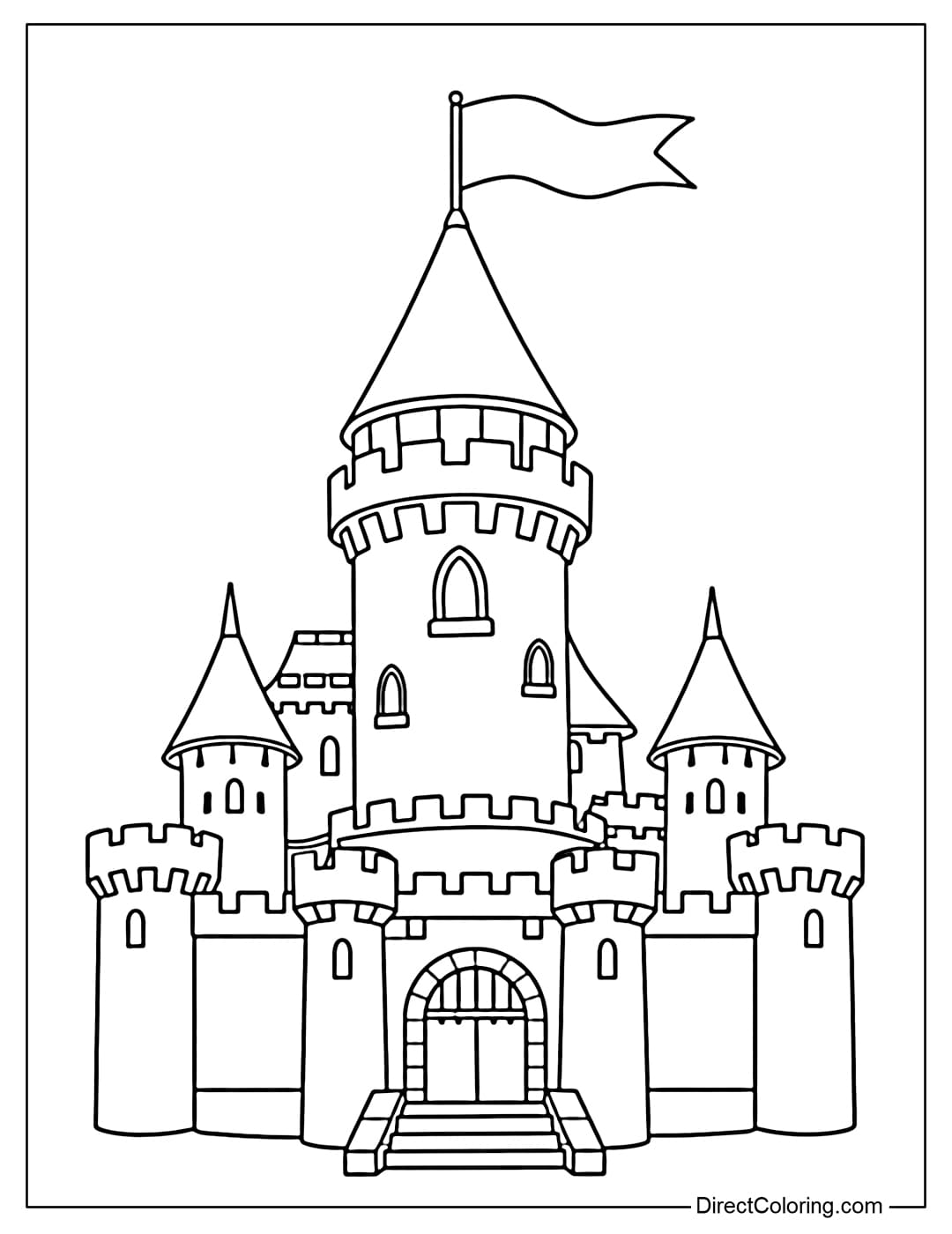 Coloring page of a simple castle with a large tower in the middle and a large flag flying on top.