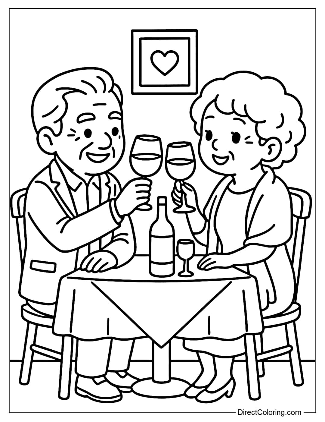 Coloring page of grandparents raising glasses of wine, smiling at each other happily, with a dinner table in the background.