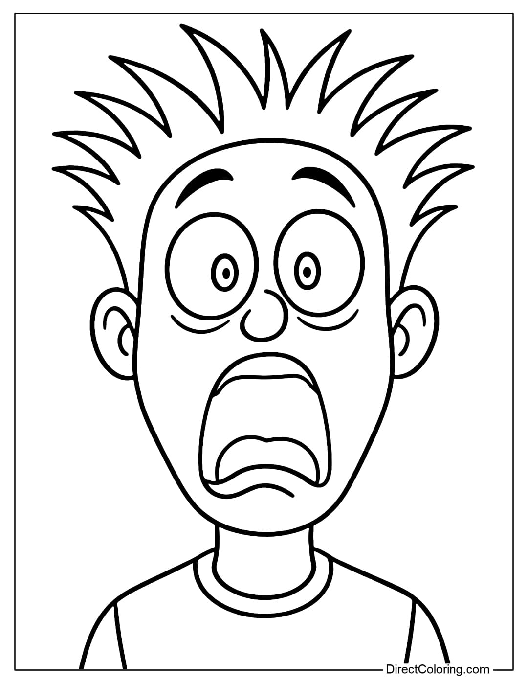 Coloring page of shocked face, wide eyes, open mouth, hair standing up, humorous style.