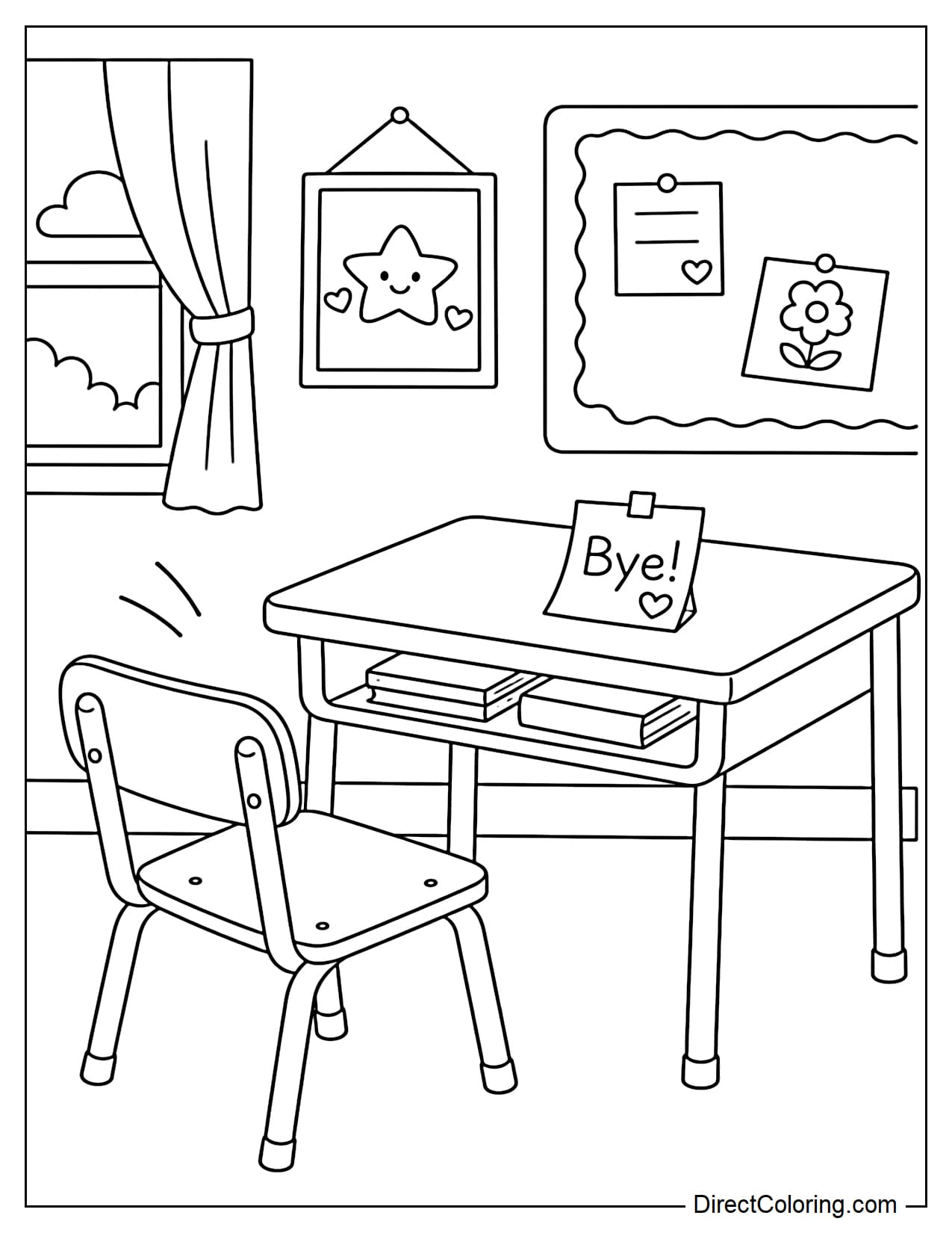 A student's chair is pulled away from the desk as if they just got up to leave class, with a small note on the desk that says 