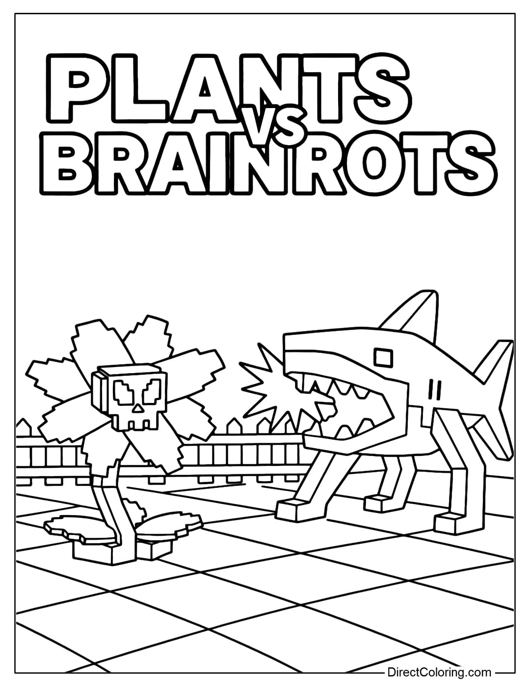 Coloring page of Skullflower vs Tralalero Tralala character in the game Plants vs Brainrots Roblox.