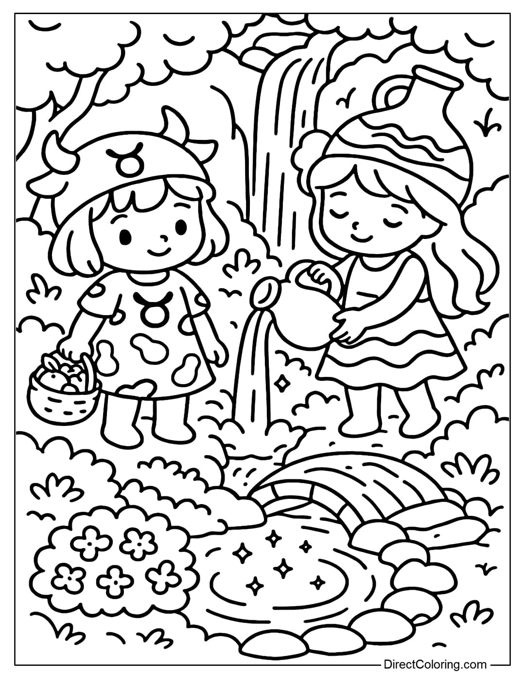 Taurus Coloring Page holding a bag of fruit, Aquarius is catching the water flowing from the waterfall with a magic bottle.