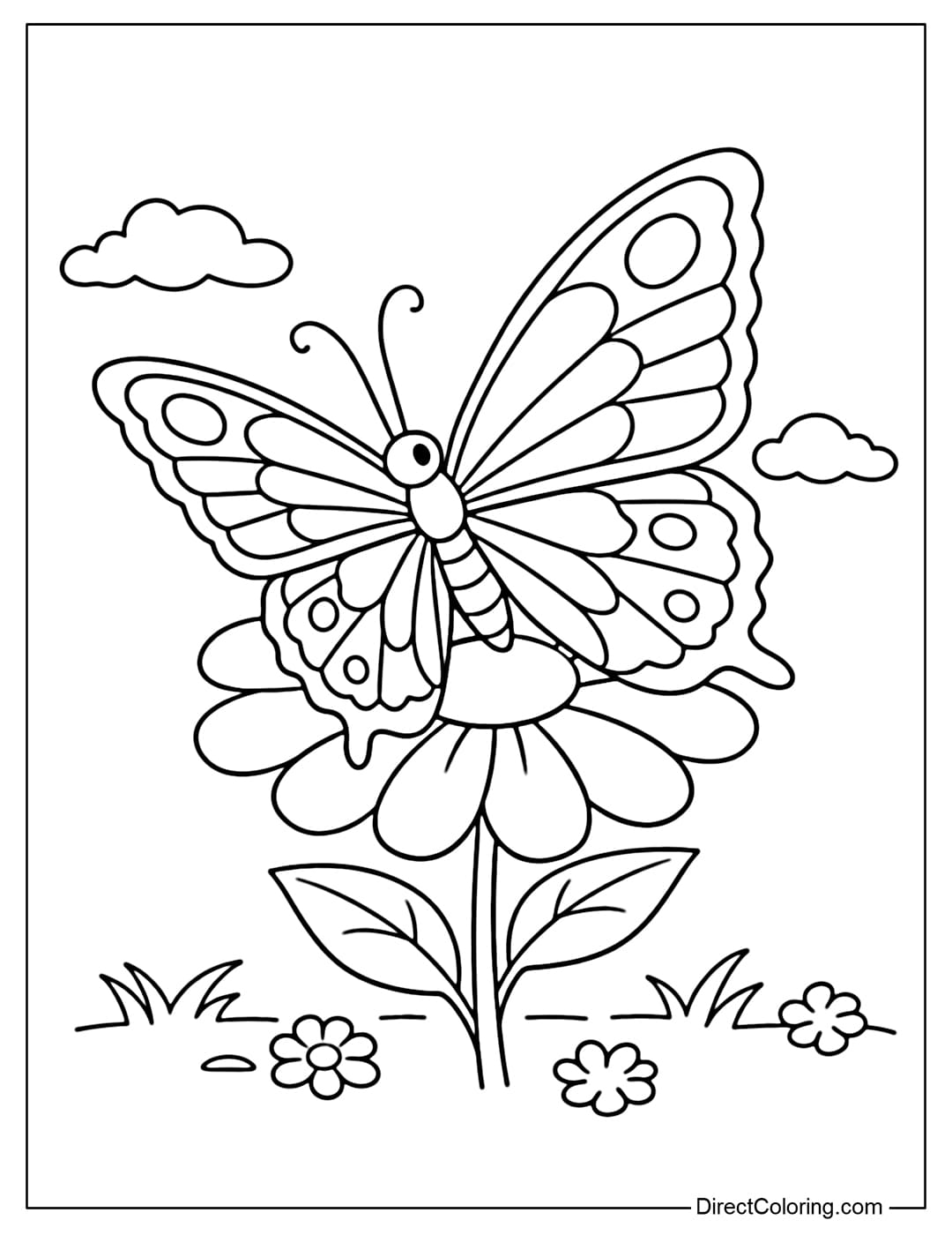 Coloring page of a large butterfly perched on a simple, round-petaled flower.