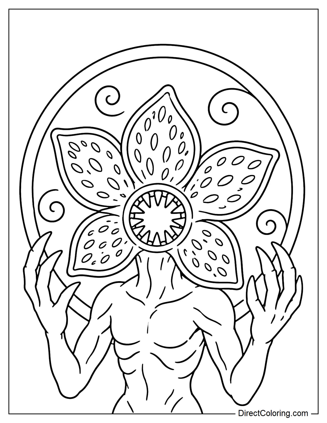 A half-body Demogorgon emerges with its flower-shaped head open and arms raised, surrounded by a simple portal and swirling lines inspired by the Upside Down.