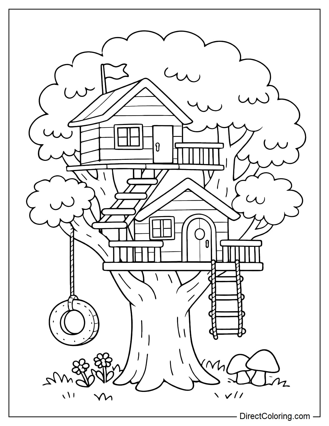 A simple two-story treehouse with a small staircase connecting the levels.