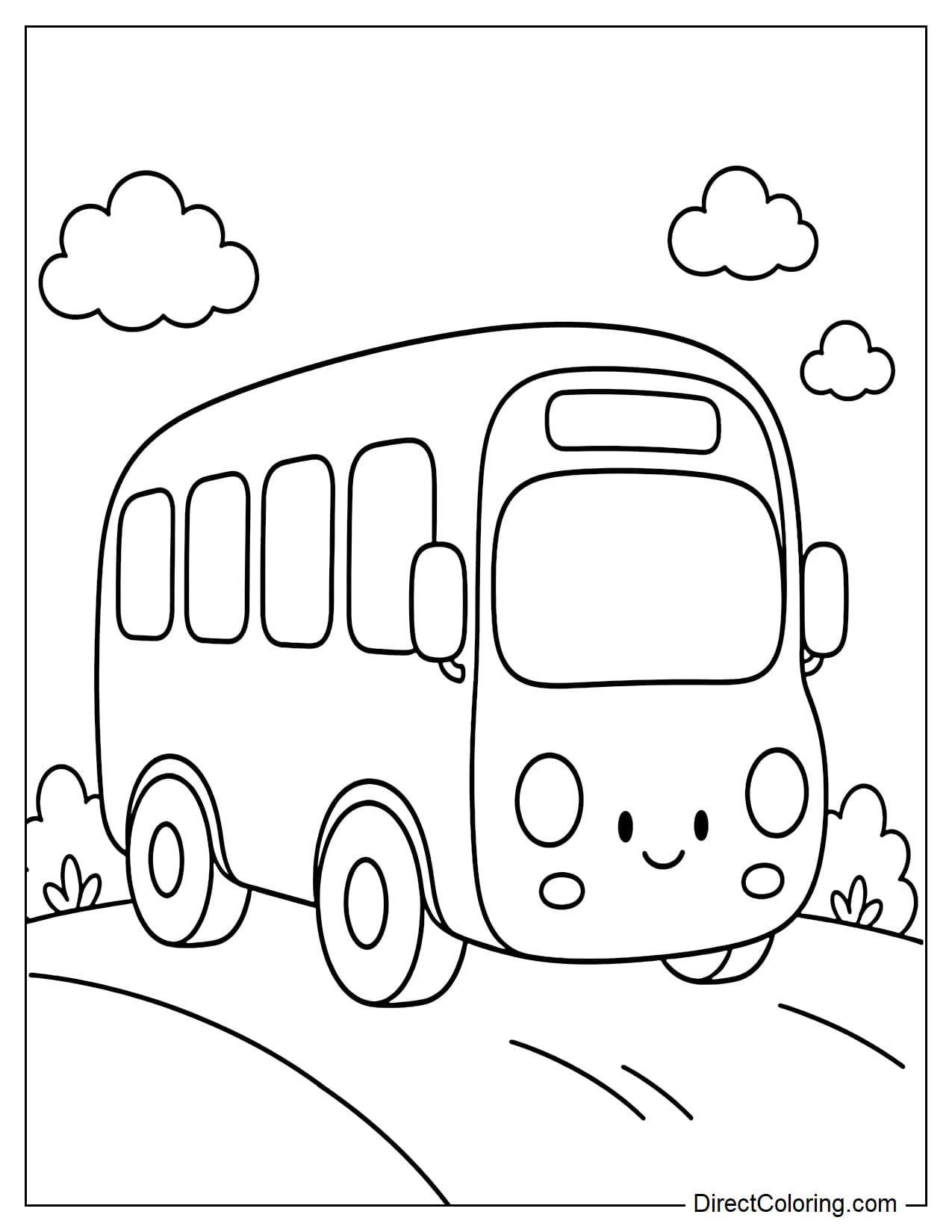 A cartoon-style school bus with a round, smooth body, no bumpers, cute rounded windows, big round wheels, and a few clouds and curves all around.