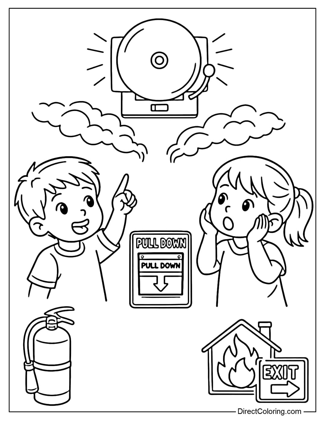 A coloring page for children to recognize fire alarms in the house.