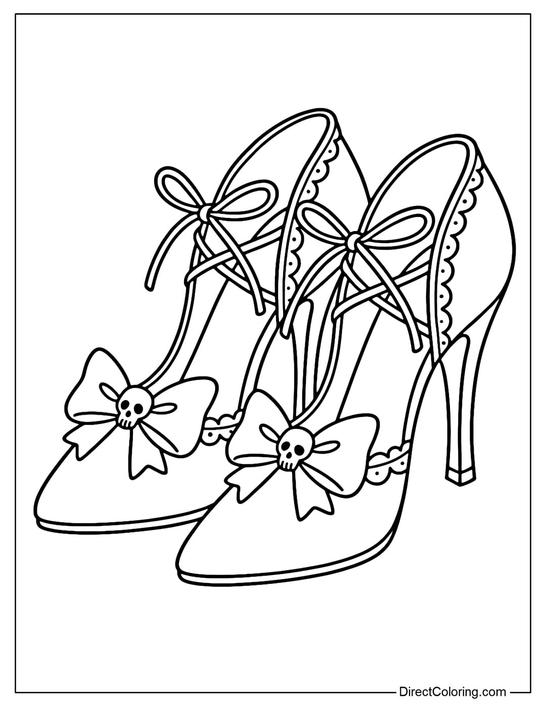 Coloring page for lace-up high heels, big bow with small skull in the middle, curved sole.