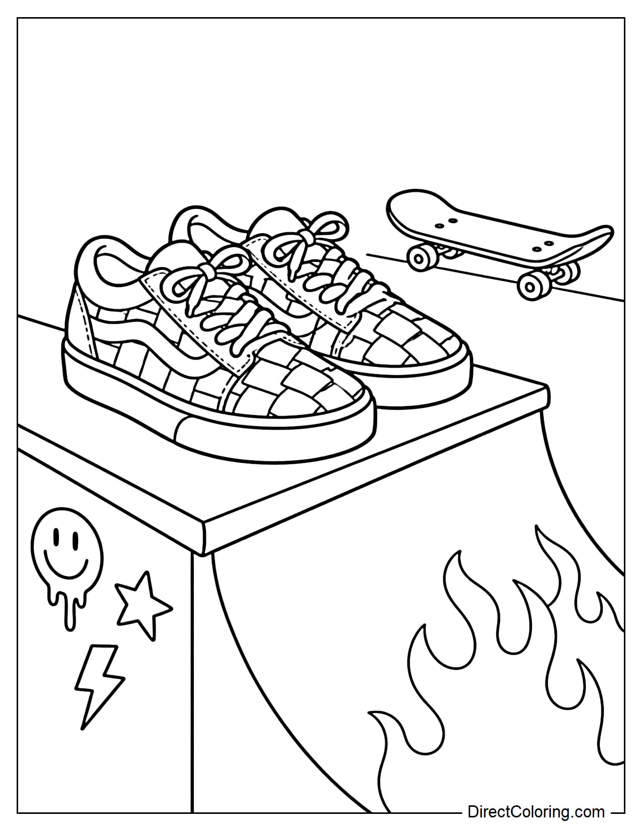 A pair of skate shoes featuring a bold checkerboard pattern, positioned beside the edge of a skate ramp with a small skateboard behind them.