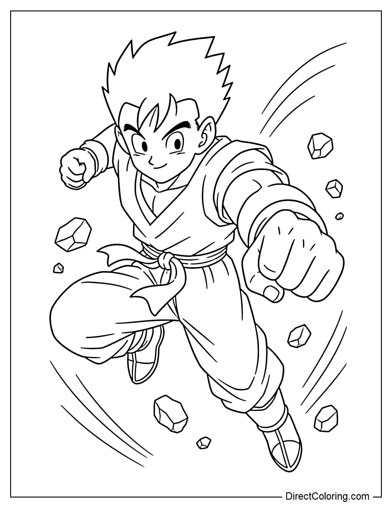 Gohan is jumping diagonally forward, preparing to throw a punch, with small movements and kicks behind him.