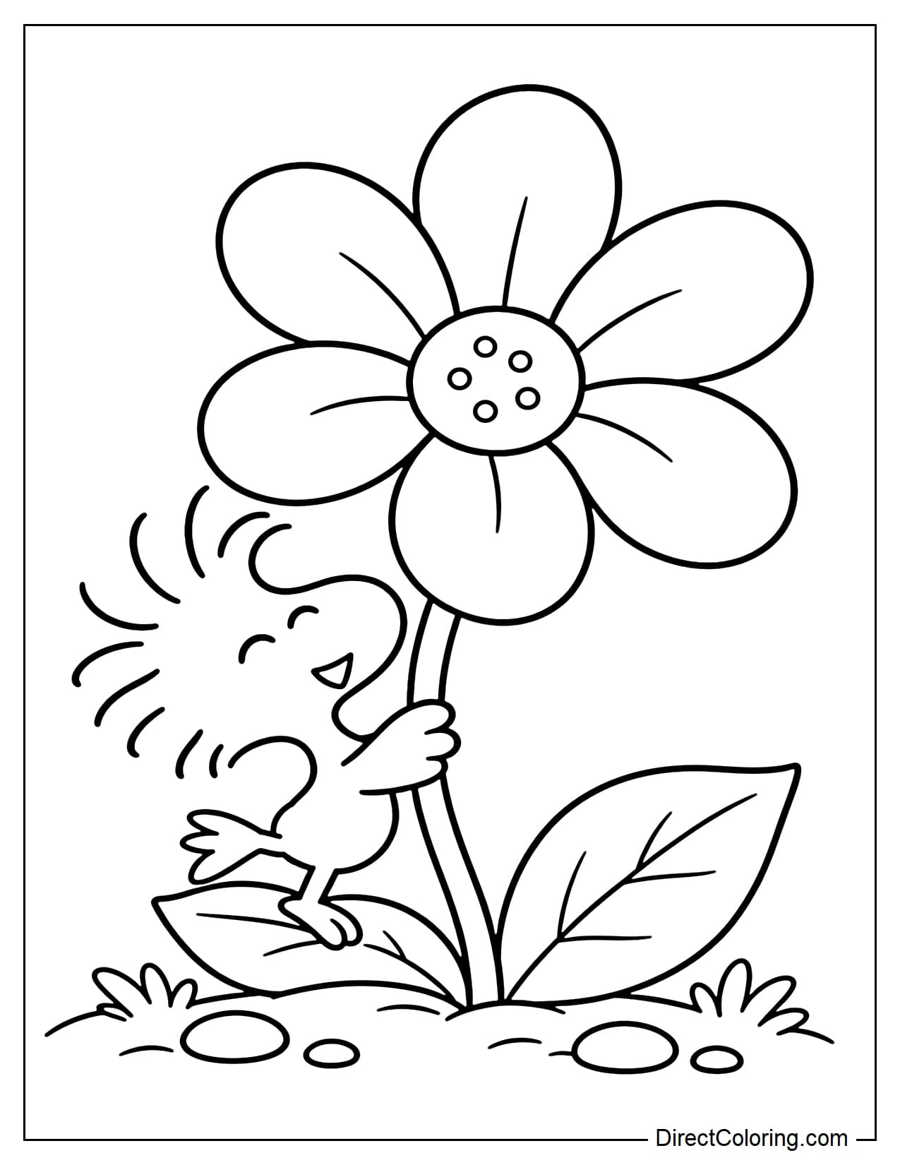 Little Woodstock stands hugging the stem of a giant flower with six rounded petals and a large center. He tilts his body slightly and lifts one foot.