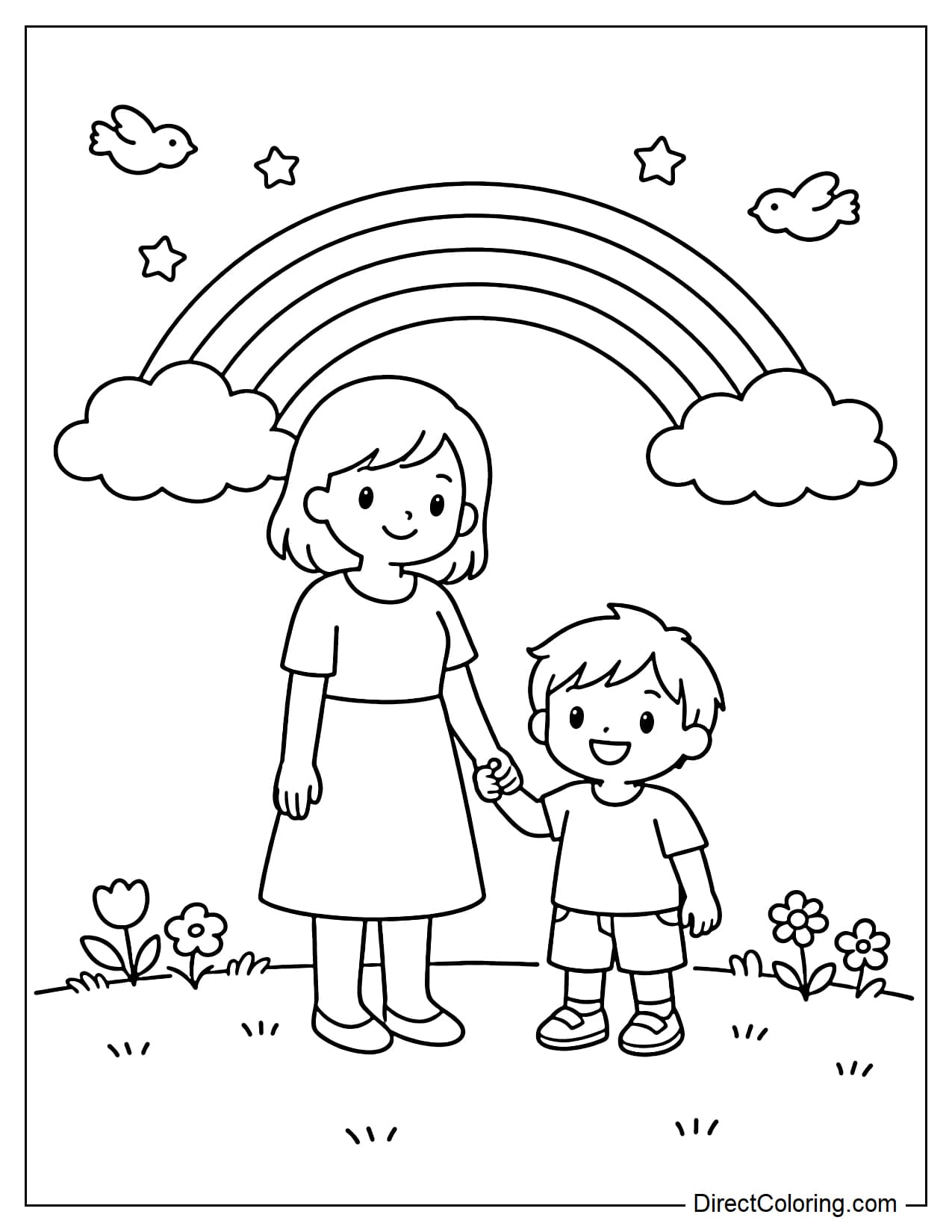 A mother is holding her son's hand while standing on the grass, with a few small flowers nearby and a large rainbow above.