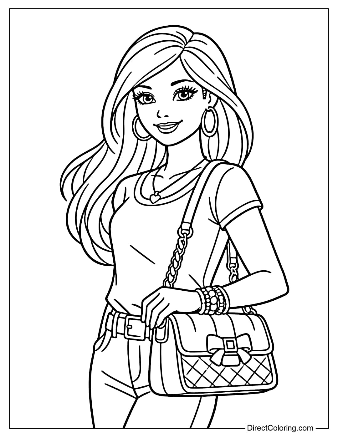 Barbie holding a stylish handbag on her hip, wearing a simple outfit of a t-shirt and jeans.