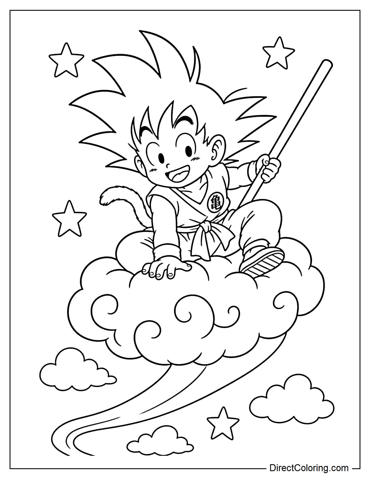 Little Goku is riding the Nimbus cloud, one hand grasping the cloud, the other holding the Power Pole, with several round clouds and stars below.