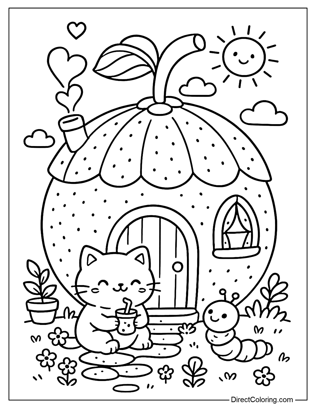 Round orange house coloring page, the stem is the chimney, has small flower steps.