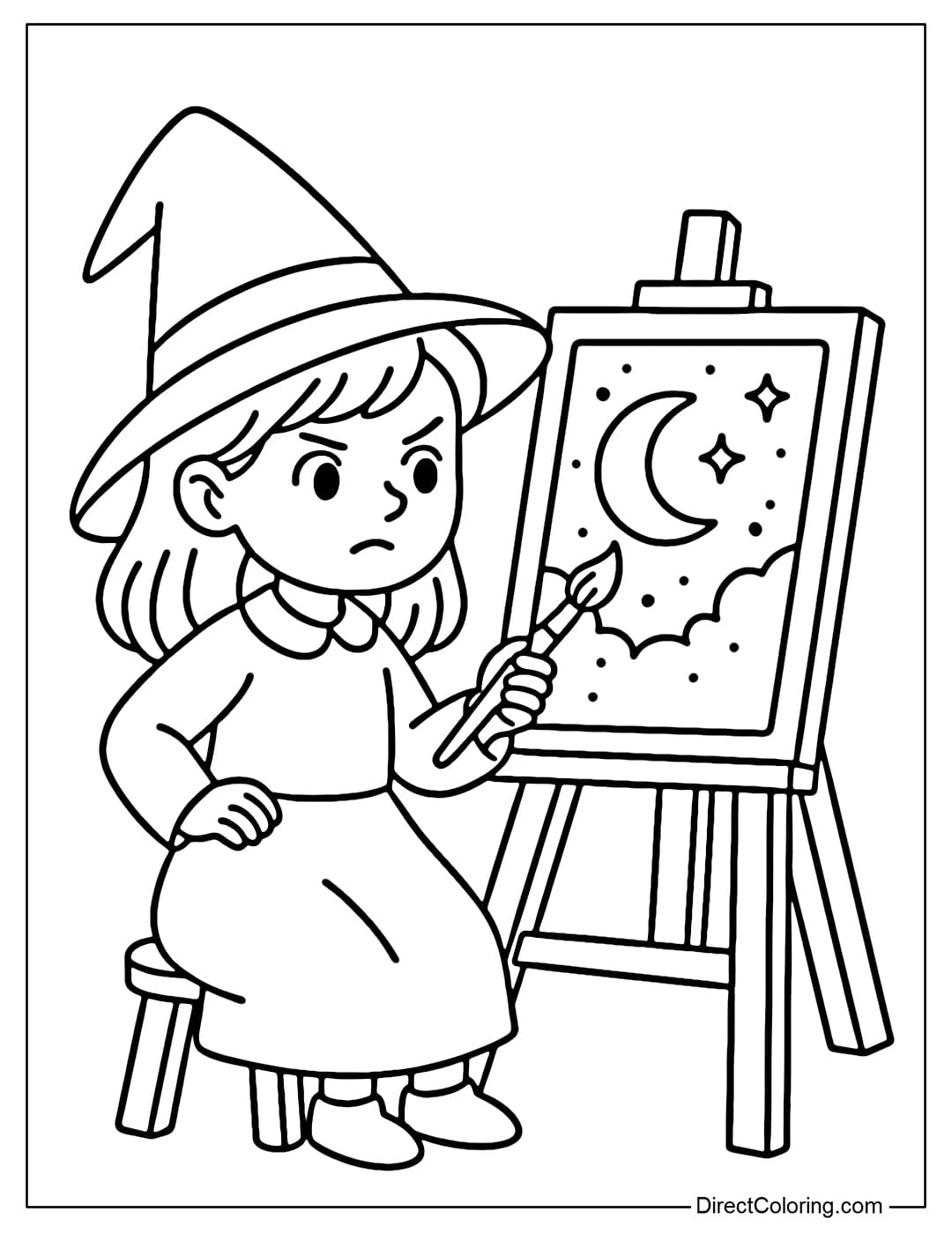 A coloring page of a witch holding a paintbrush in front of a large easel, the picture on the frame is a picture of the night sky and the moon.