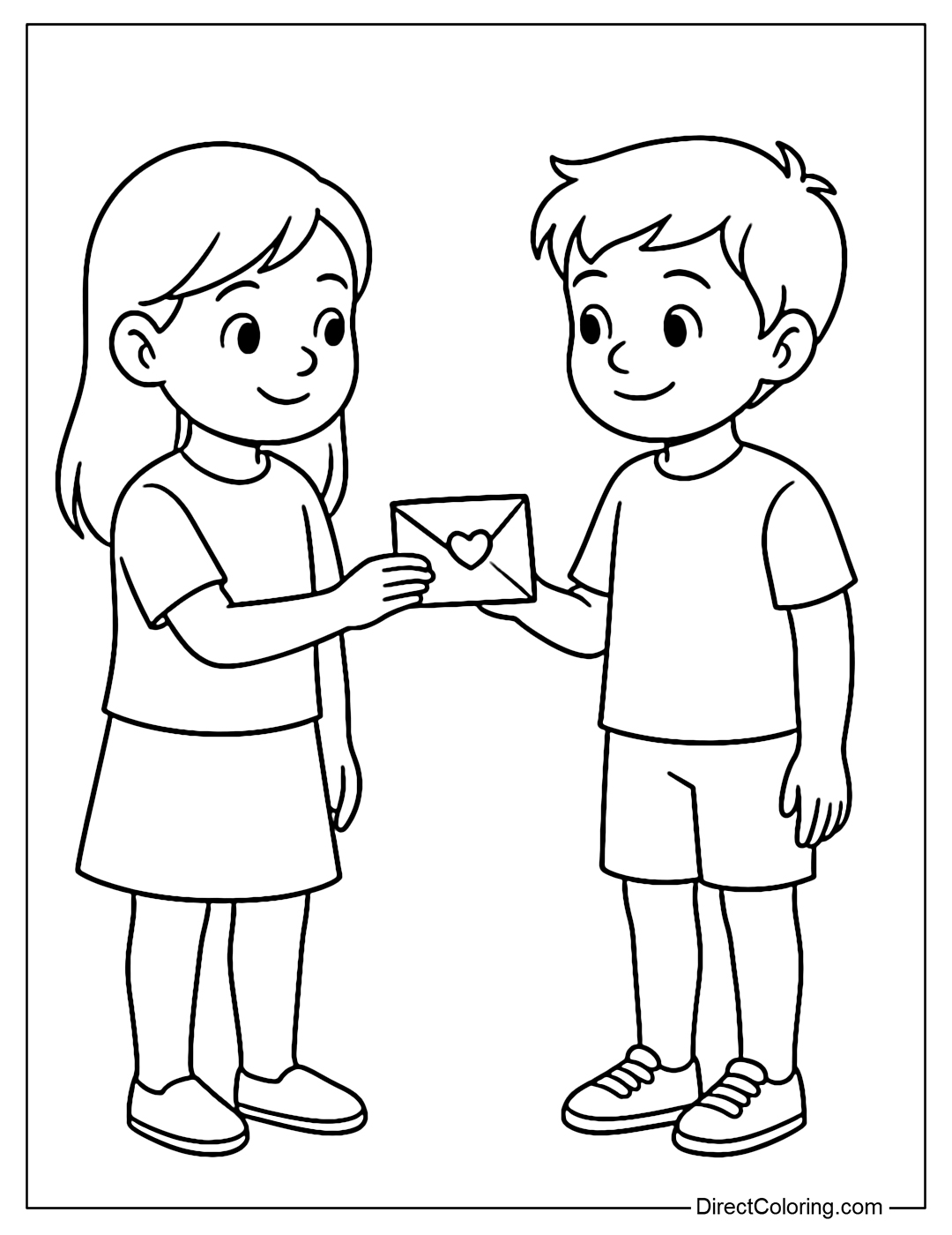 Coloring page of one child giving a handwritten letter with a heart to the other.