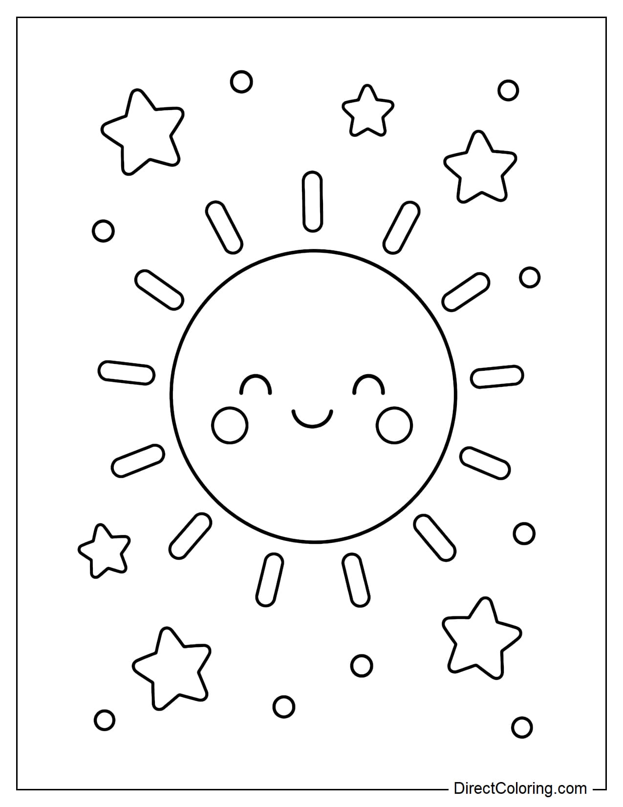 A large, round sun in the center with simple, short rays, surrounded by a few small stars and dots.