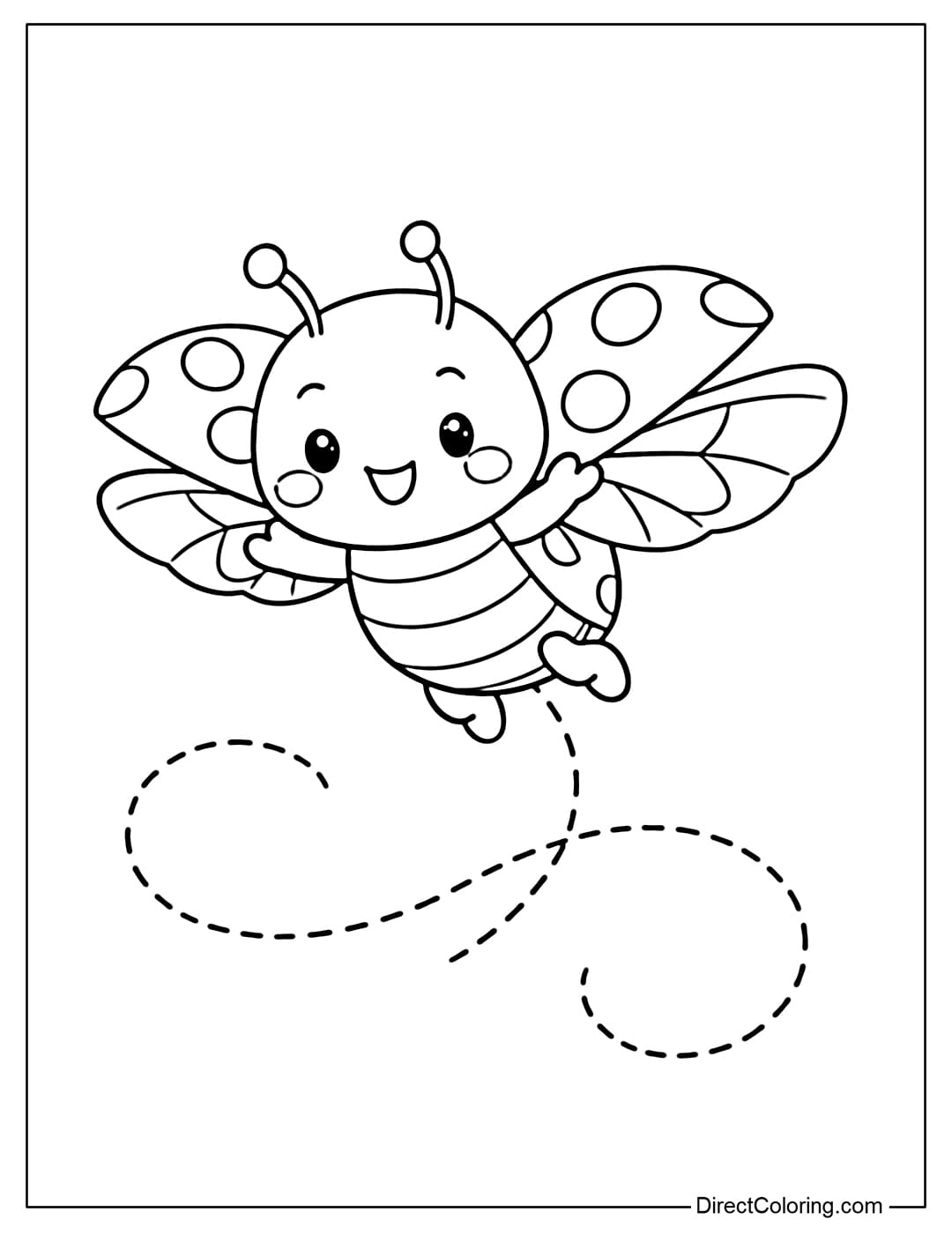 A cute ladybug coloring page featuring a flying ladybug with its wings spread open and a simple curved flight path.