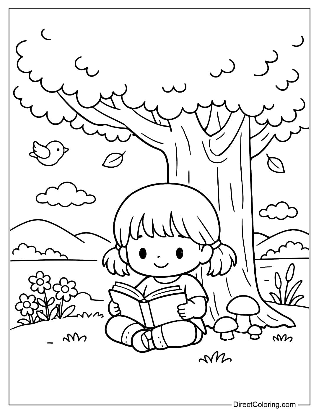A little girl is reading a book under a tree, in a peaceful setting.