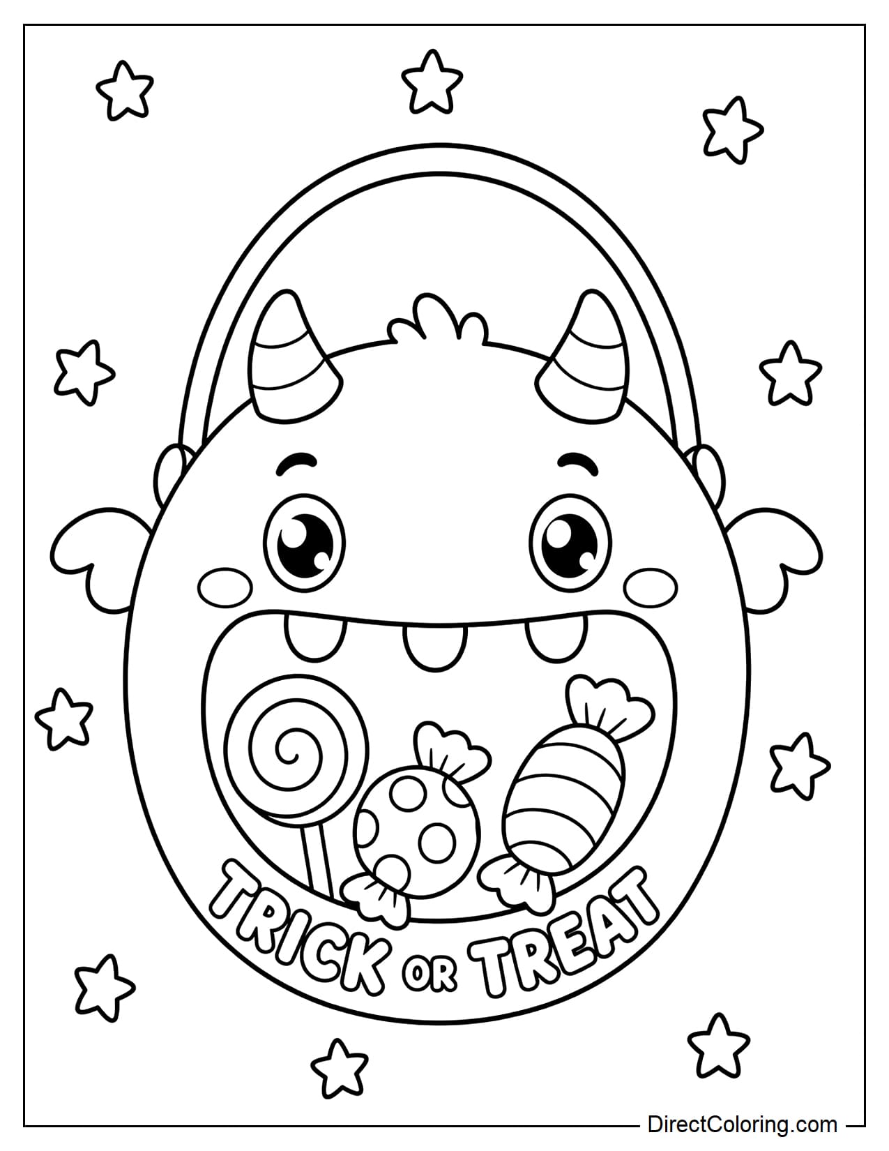A cute round monster-shaped Trick or Treat bucket has two small horns, large eyes, and a wide open mouth filled with candy, with the words 