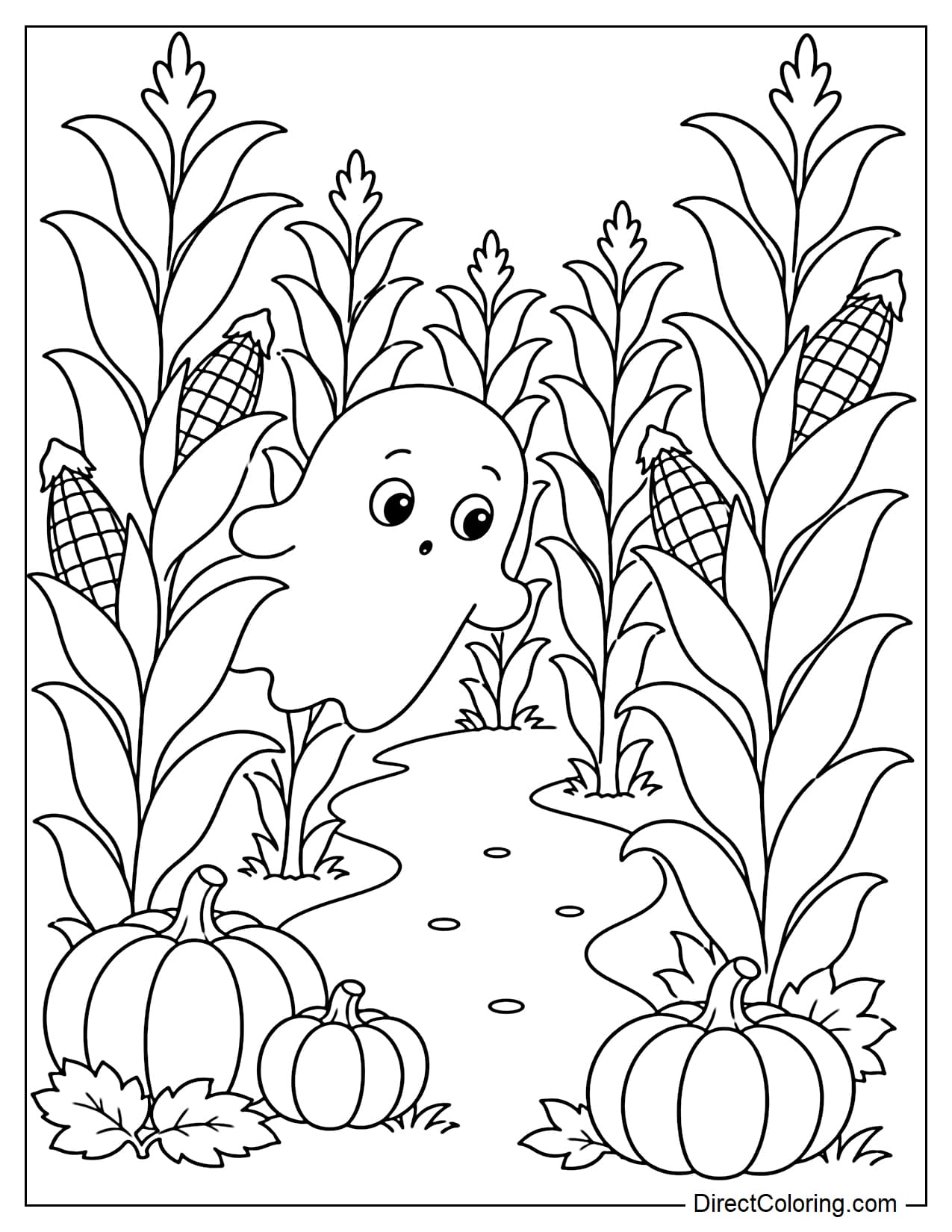 A small ghost floats through a cornfield, peeking out at a path with a curious expression, while a few pumpkins sit near the walkway.