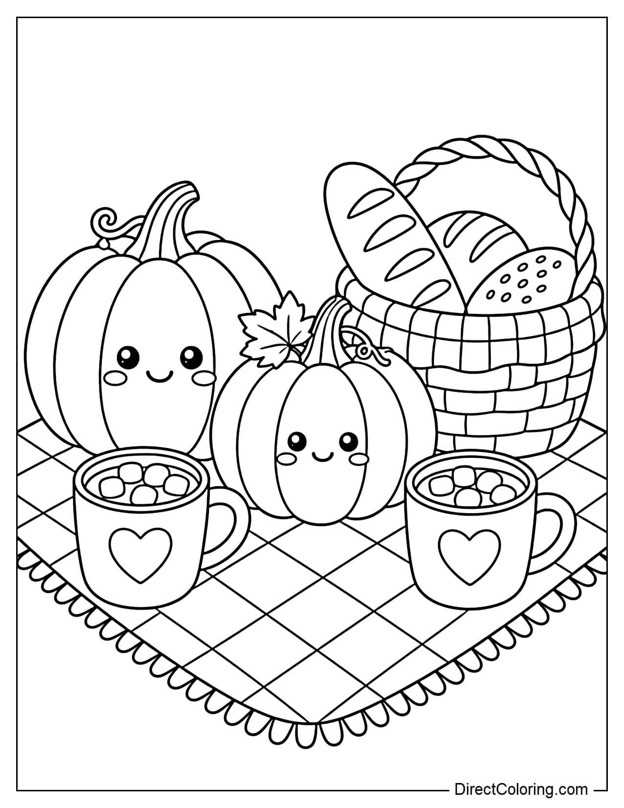 A small picnic blanket is spread neatly on the ground with two round pumpkins, a basket of bread, and two cups of hot cocoa arranged in the center.
