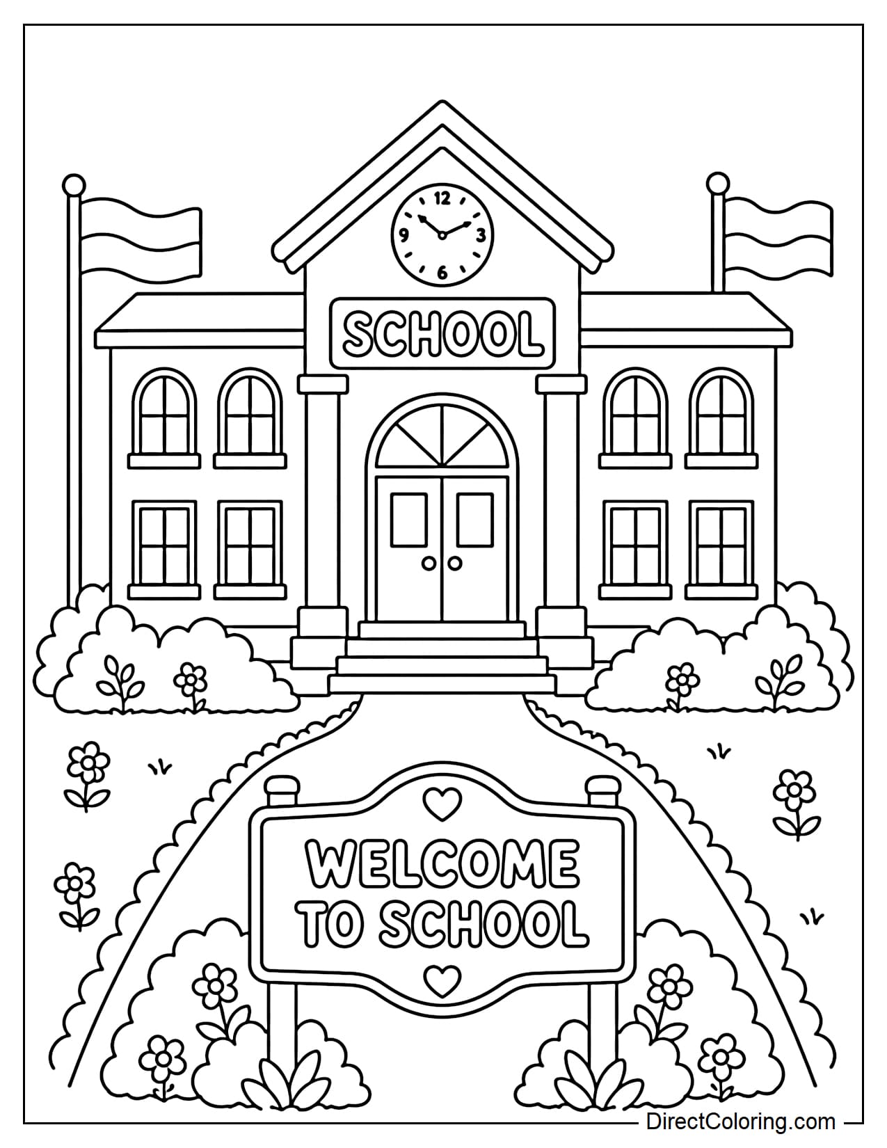 A friendly school building located in the center with a clock face, many large windows and a 