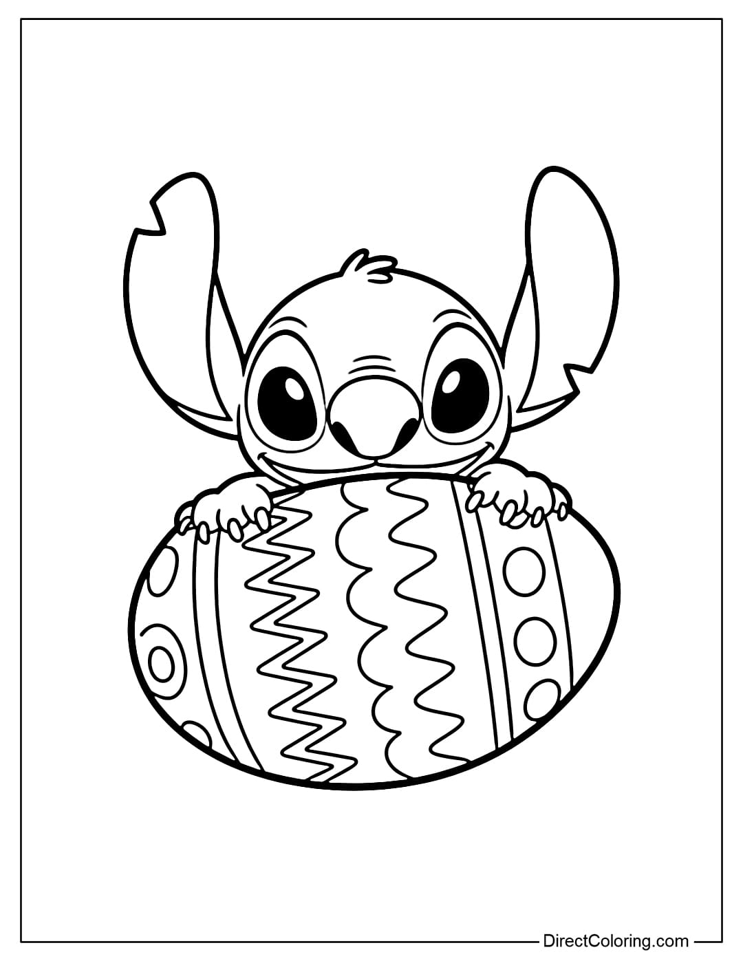 Stitch is peeking out from behind a large Easter egg, with a cute expression.