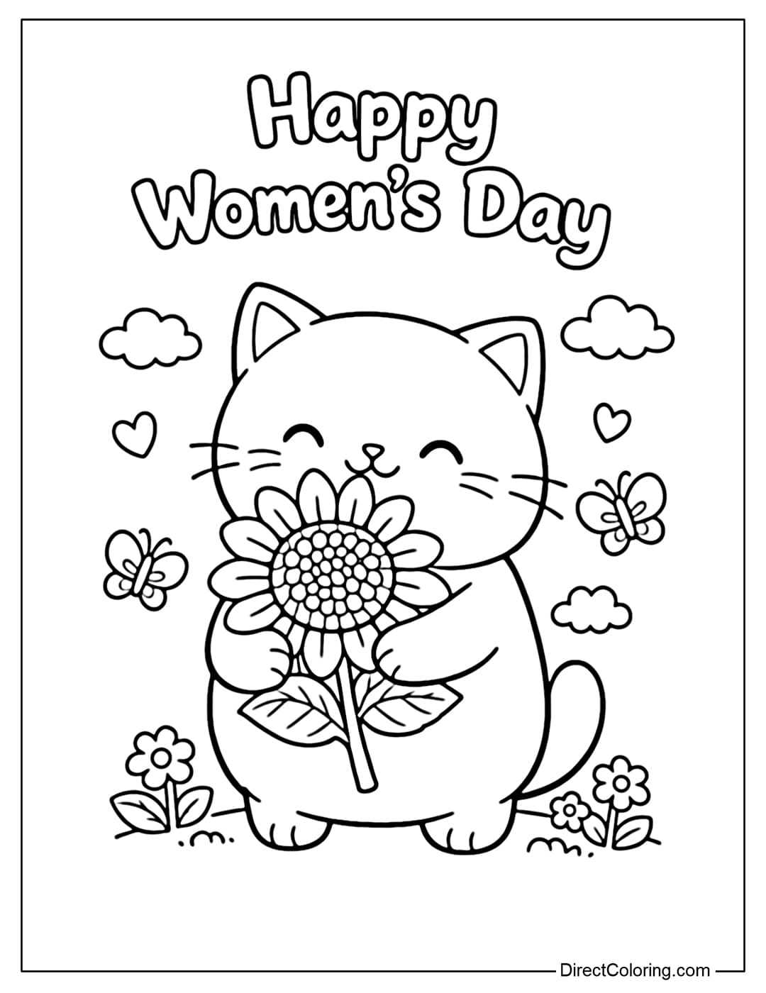 A coloring page with a cute round cat holding a large sunflower, with the words 
