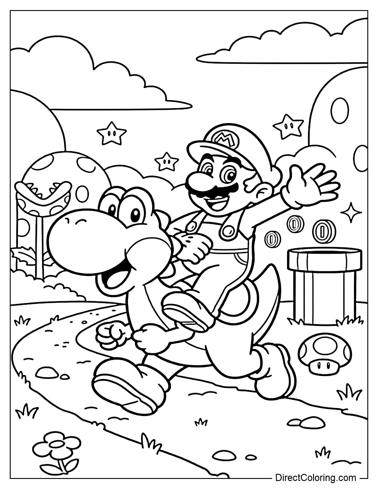 Mario sits happily on Yoshi's back as they move gently forward together.