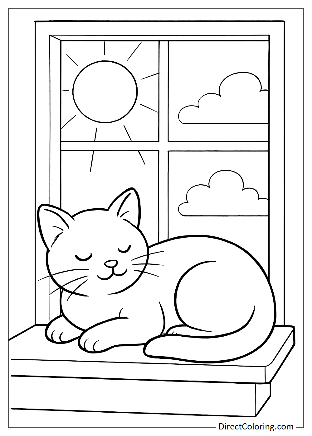 Cat lying in warm sunlight on the window coloring page