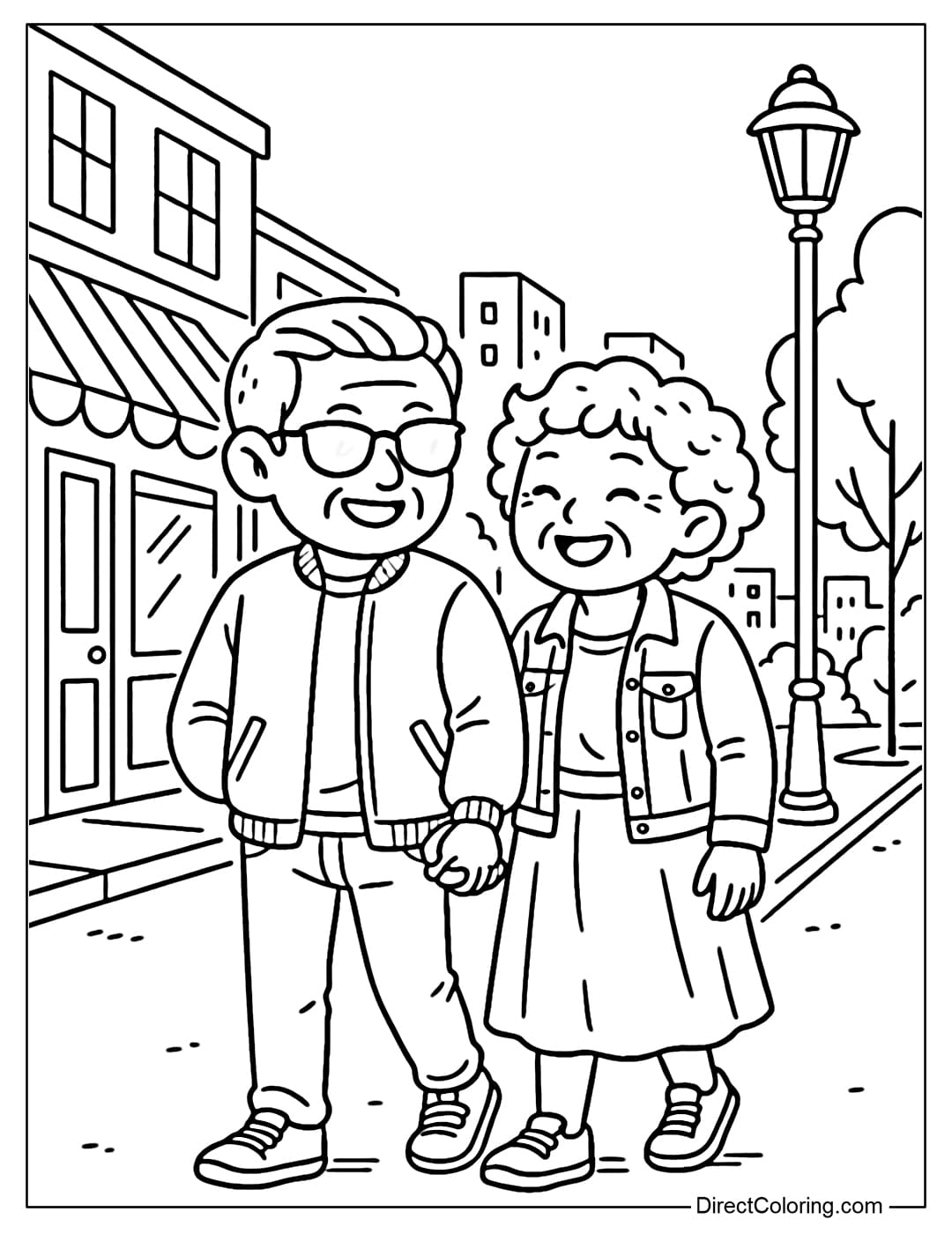 A coloring page of grandparents holding hands and walking down the street, surrounded by small shops, street lights, a few trees and simple buildings in the distance.