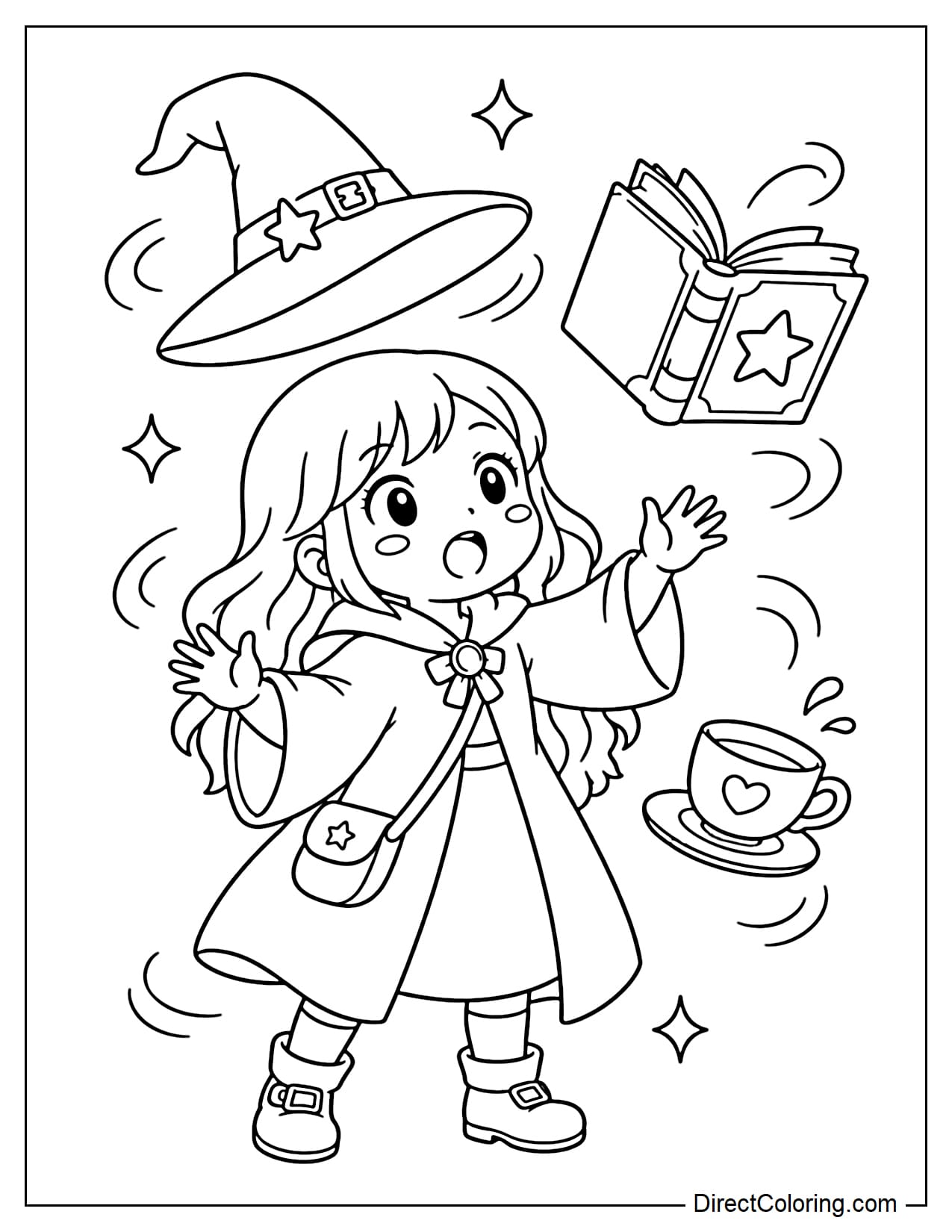 A young witch is practicing magic and making her hat, a book, and a teacup float in the air around her.