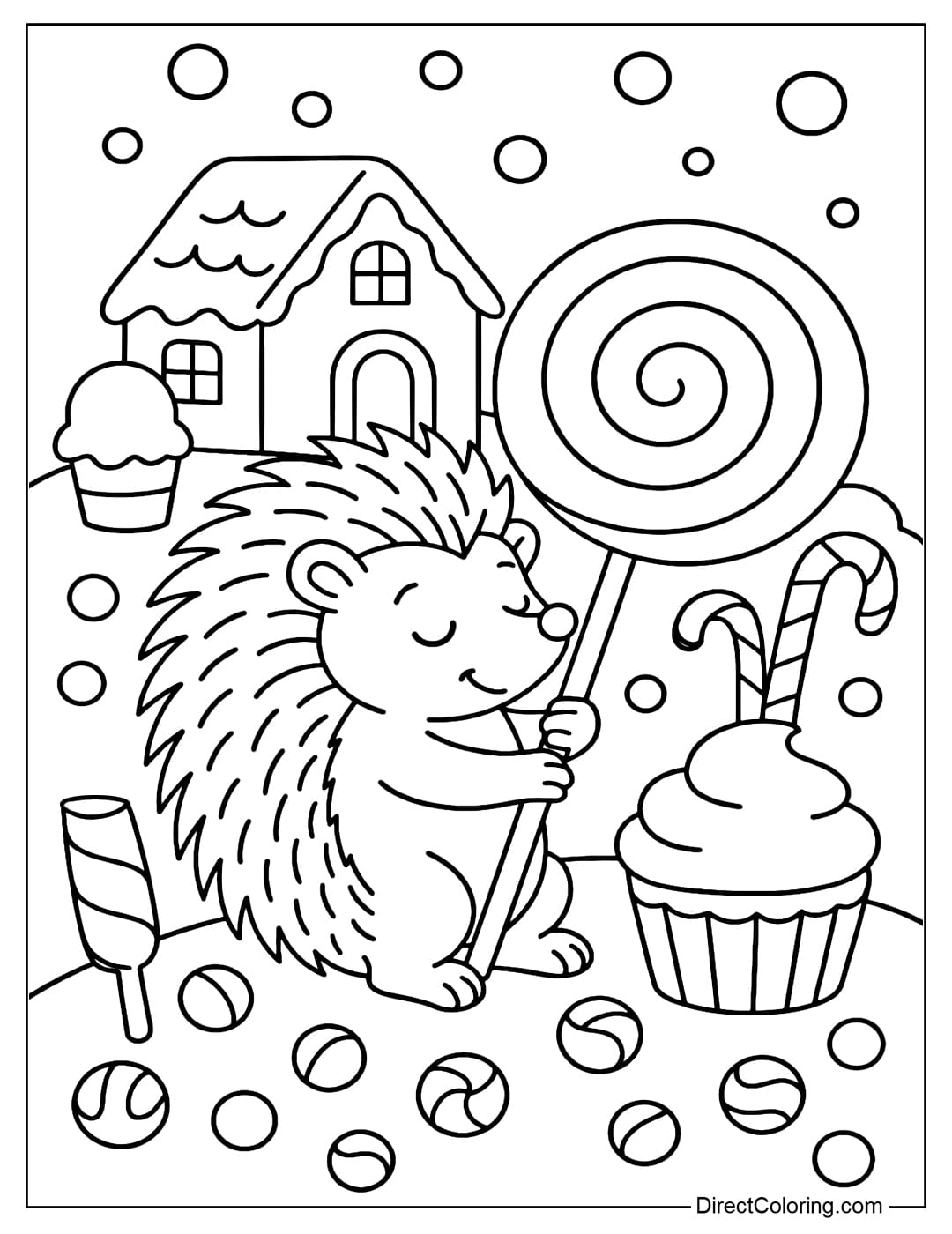Hedgehog with Candy Coloring Page Coloring page of a hedgehog holding a giant lollipop.
