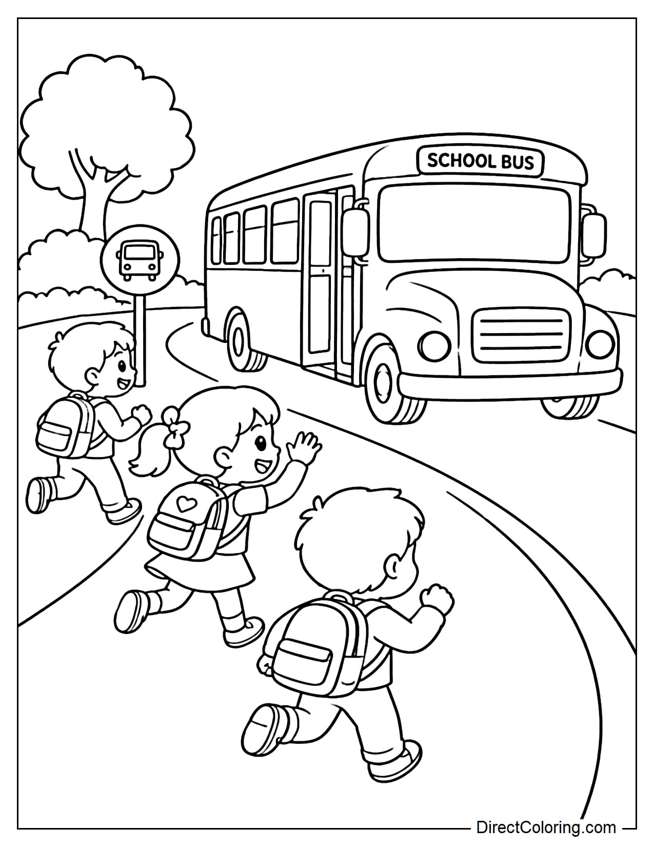 Several students run to the school bus, backpacks on their shoulders, against a backdrop of curves.