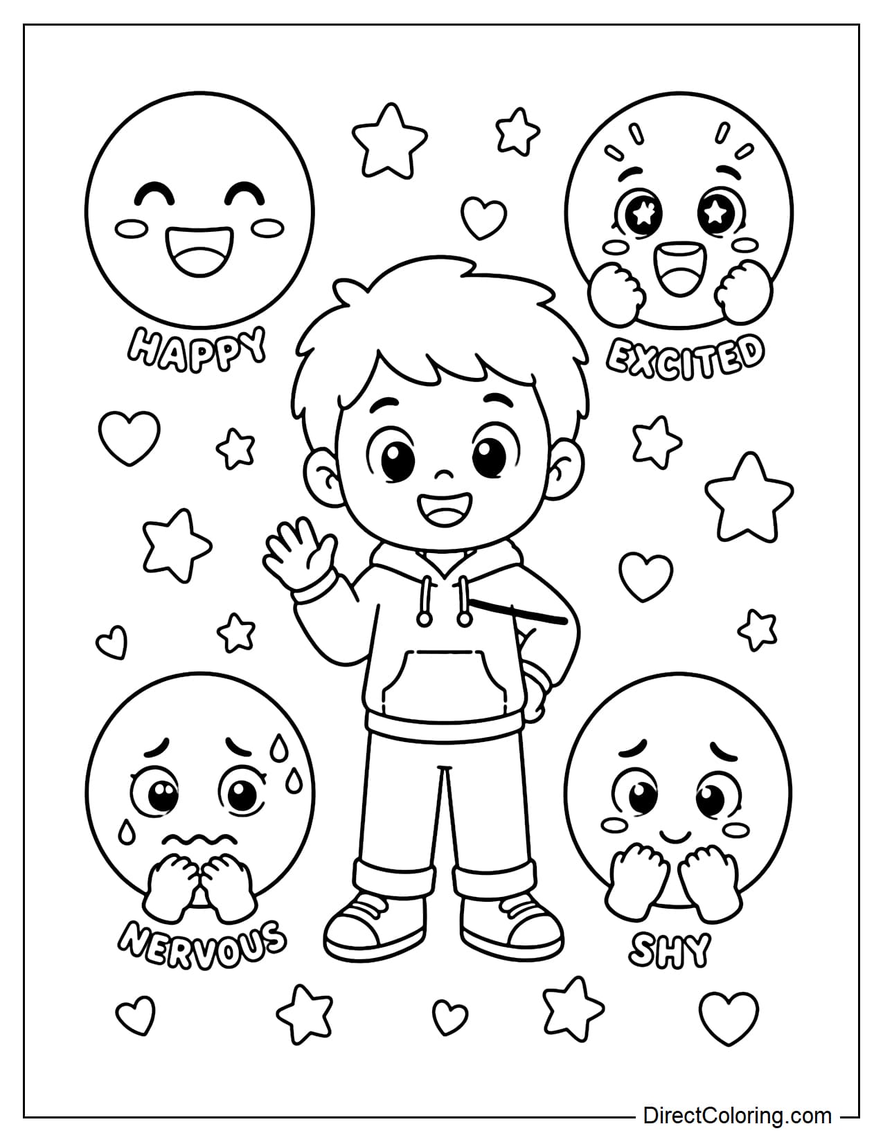 A little child stands in the middle with a happy face, surrounded by expressions like happy, excited, nervous, and shy, drawn with cute round faces, a few stars, and hearts.