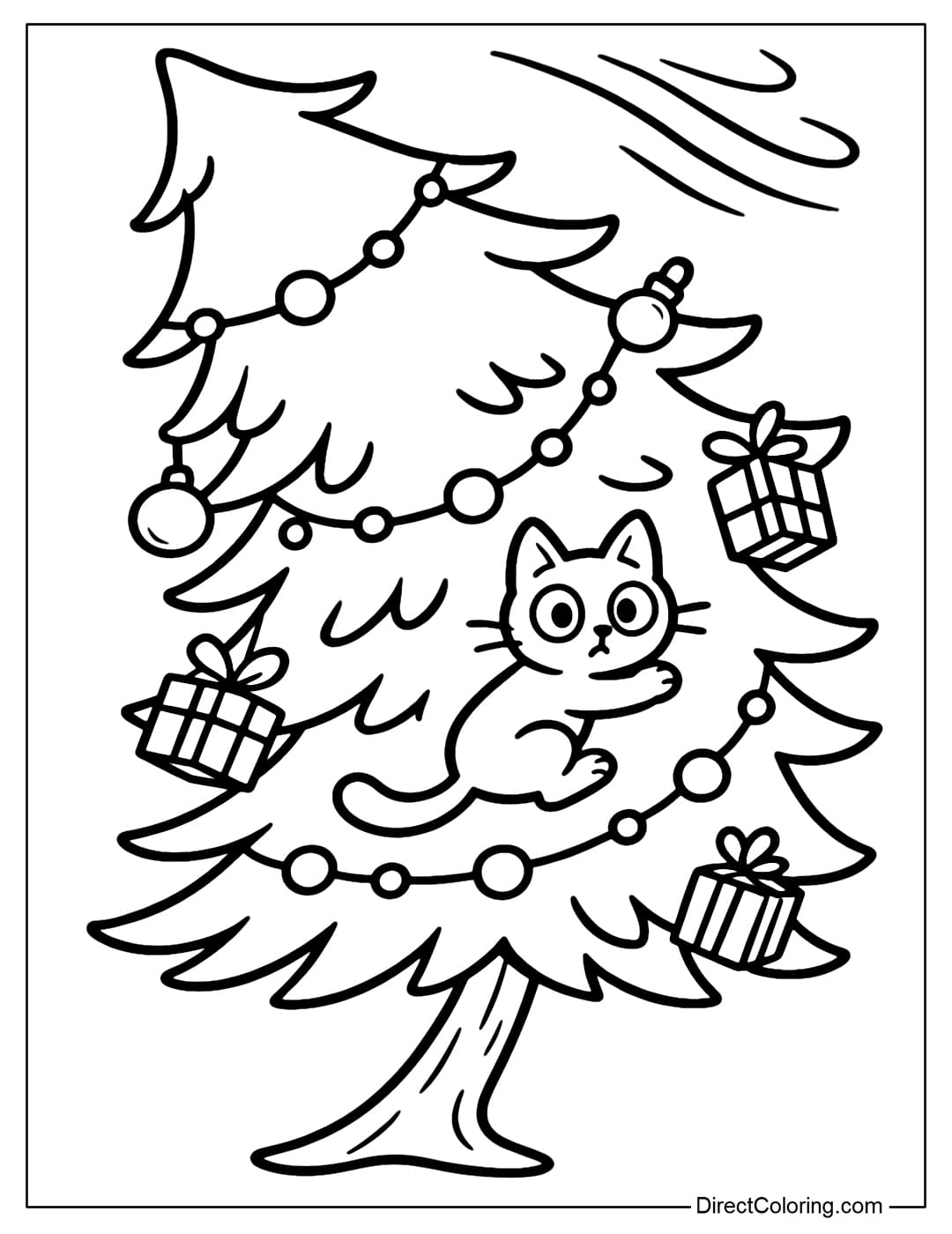 Coloring page of a pine tree leaning to one side. A small cat clings to the middle of the tree trunk, its eyes round and panicked.
