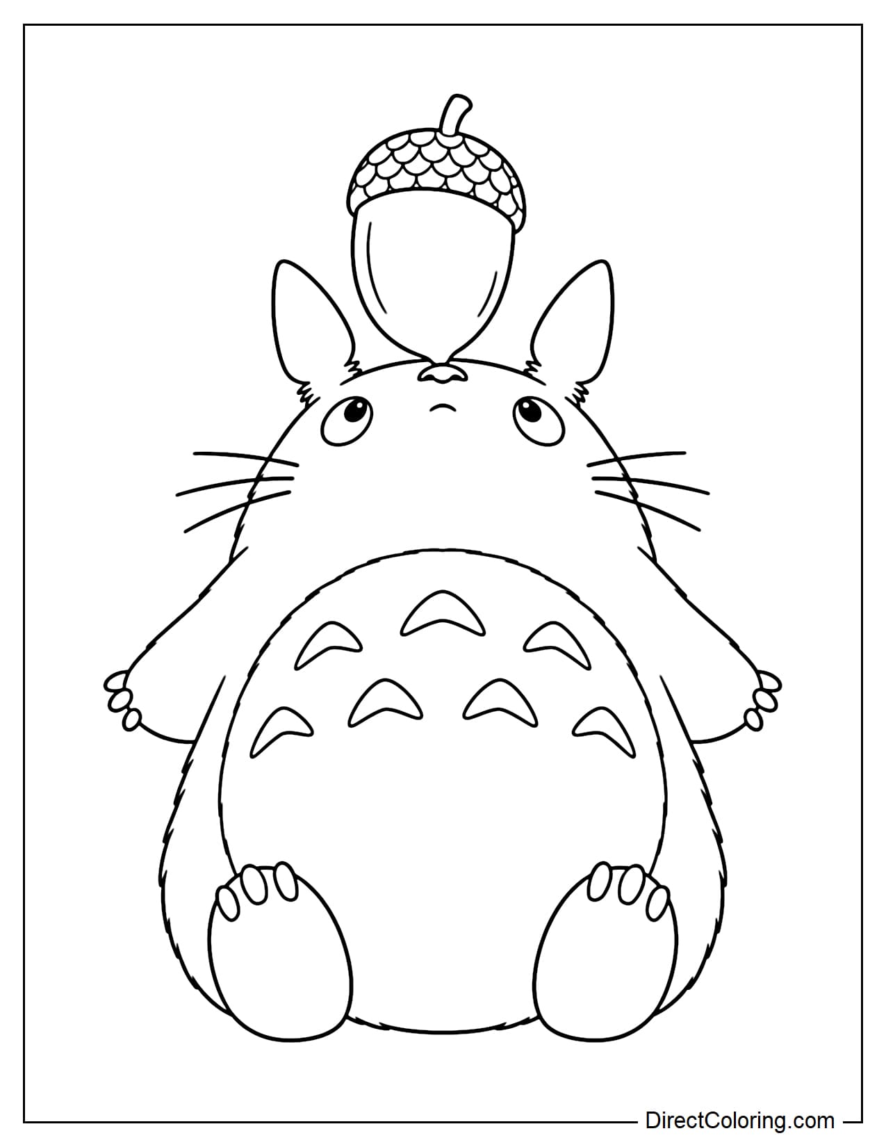 Totoro sits upright with his face tilted slightly upward, balancing a large acorn on his nose while holding his arms out to the sides.