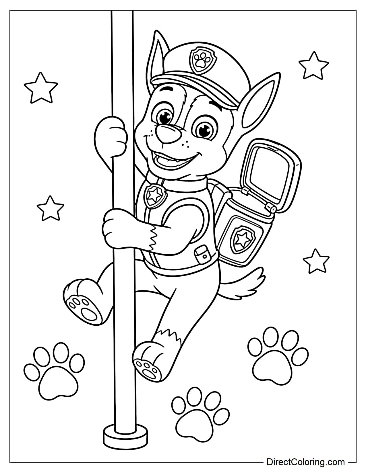 Chase slides down the fire station pole with a confident smile, one paw slightly lifted, his rescue backpack open behind him, with a few paw prints and small stars below.